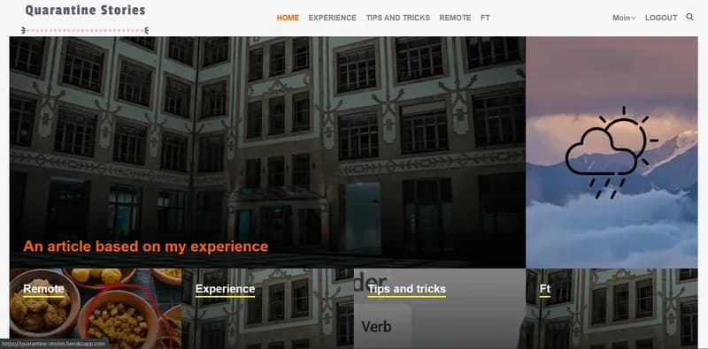 Quarantine Stories homepage showing story cards grouped by category